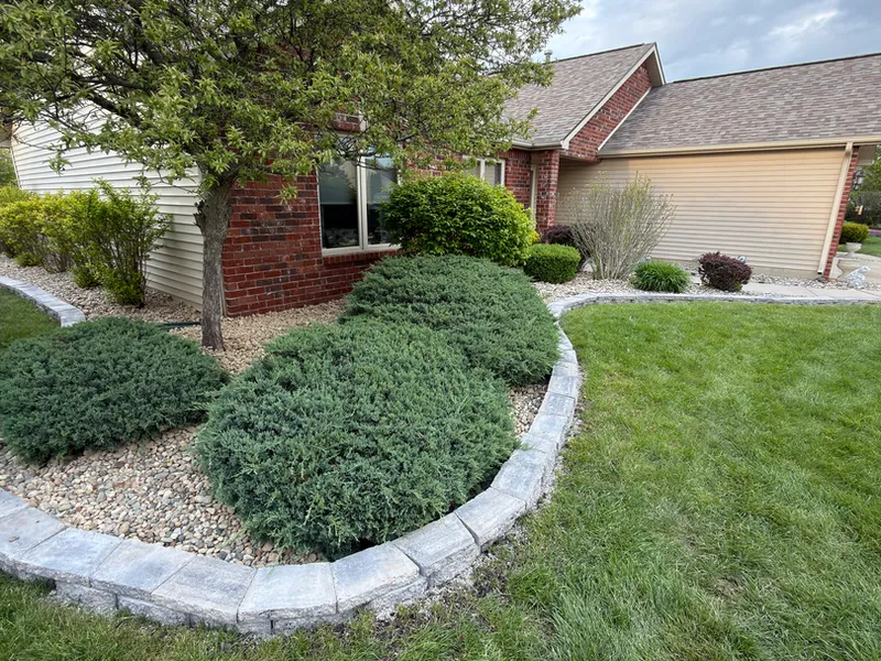Long curved stone edged landscape bed with a blue spruce and trimmed shrubs